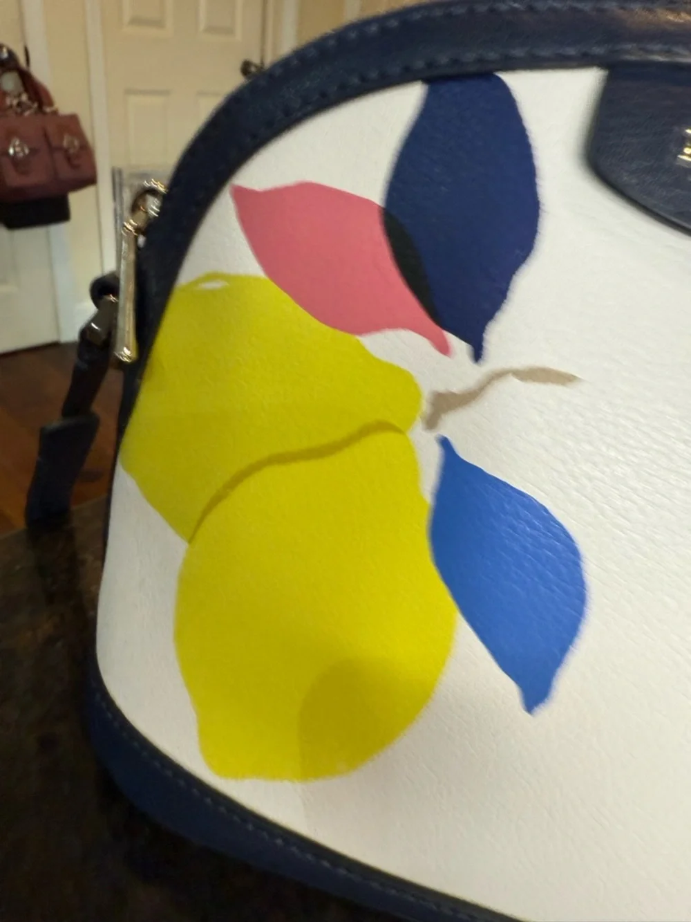 kate spade White Lemon Print Dome Crossbody with Navy Trim